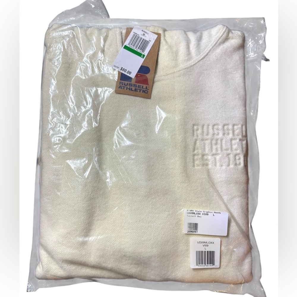 RUSSELL ATHLETIC NWT 
Chamois Hoodie Sweatshirt In Ivory  in Sz L & XL - Picture 4 of 5